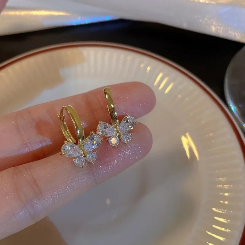 Silver Zircon Butterfly Hoops Earrings